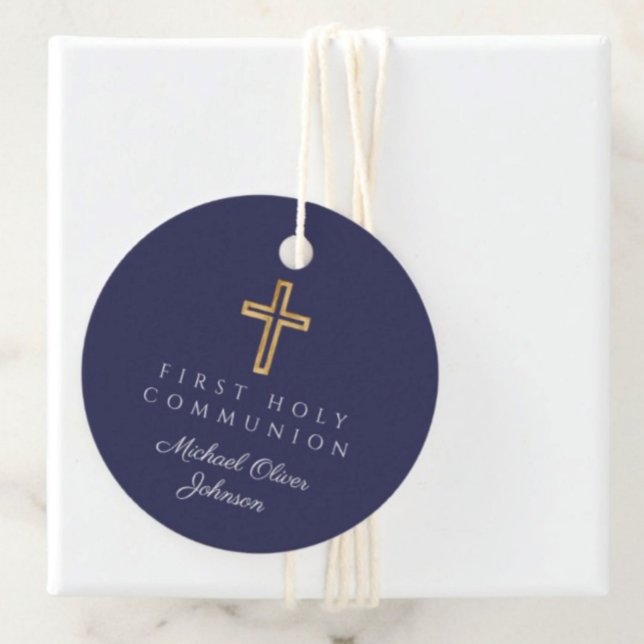 Elegant Navy Blue Kor First CommuniRound Gåvor Etiketter (Elegant Navy Blue Cross First Communion Round Favor Tags)