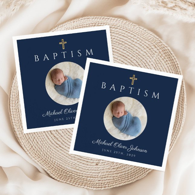 Elegant Navy Blue Kor Photo Boy Baptism Pappersservett (Elegant Navy Blue Cross Photo Boy Baptism Napkins)