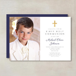 Elegant Navy Blue Kor Photo Boy First Communion Inbjudningar