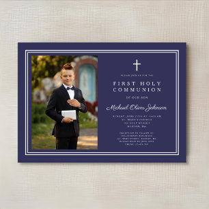 Elegant Navy Blue Kor Photo Boy First Communion Inbjudningar