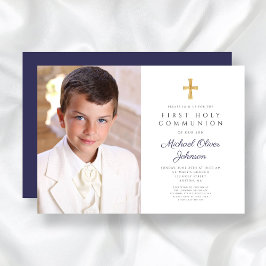 Elegant Navy Blue Kor Photo Boy First Communion Inbjudningar