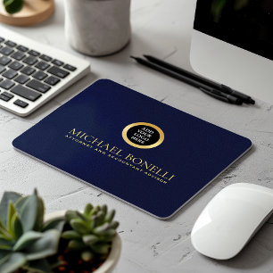 Elegant Navy Blue Leather Guld ROUND Logotyp Musmatta