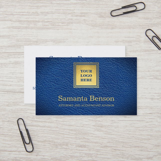 Elegant Navy Blue Leather Professional Your Logo Visitkort (Fram/Back In Situ)