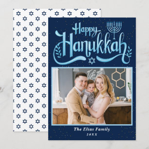 Elegant Navy Blue Lycklig Hanukkah Photo Julkort