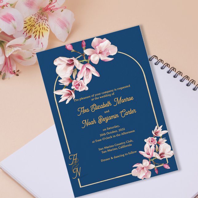 Elegant Navy Blue Magnolia Floral Wedding Inbjudningar (Elegant Navy Blue Magnolia Floral Wedding Invitation)