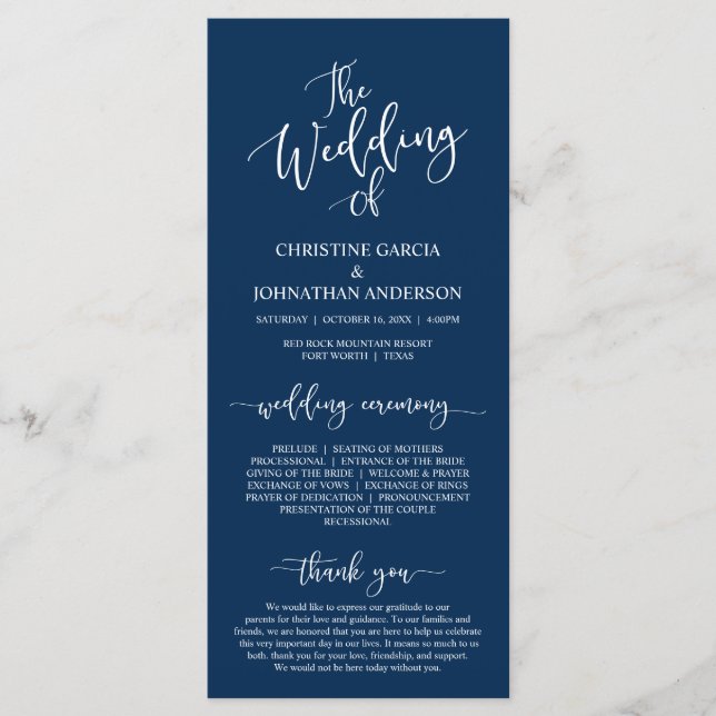 Elegant Navy Blue-manus, Bröllop Ceremony Program (Framsida)