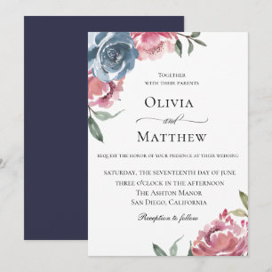 Elegant Navy Blue Mauve Botanical Bröllop Inbjudningar