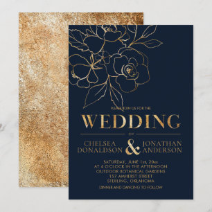 Elegant Navy Blue med Guld Sketched Rosor Bröllop Inbjudningar