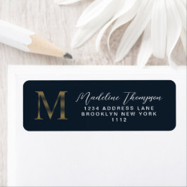 Elegant Navy Blue Metallic Gold Monogram Address Returadress Etikett