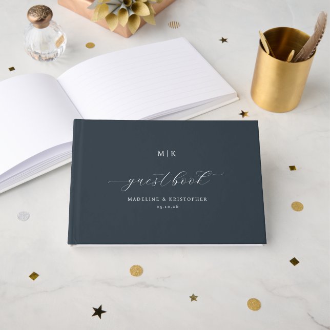 Elegant Navy Blue Minimalist Wedding Guestbook Gästböcker (Framsida öppen)