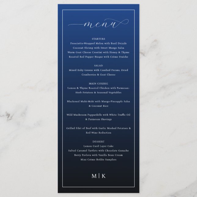 Elegant Navy Blue Minimalist Wedding Menu Meny (Framsida)