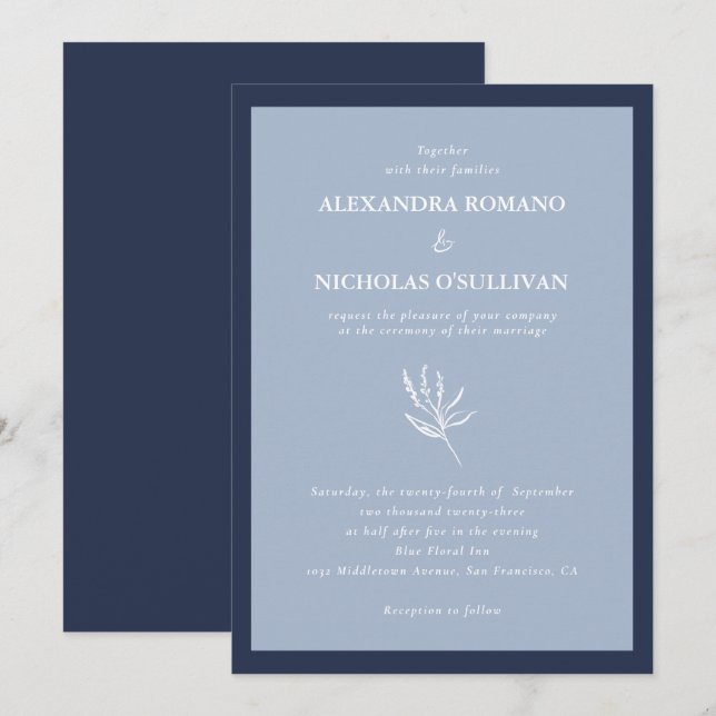 Elegant Navy Blue Modern Bröllop Inbjudningar (Fram/baksida)