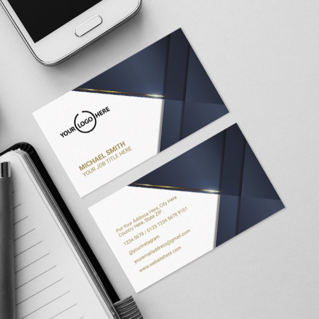 Elegant Navy Blue Modern Guld Line Professionell B Visitkort (Skapare uppladdad)