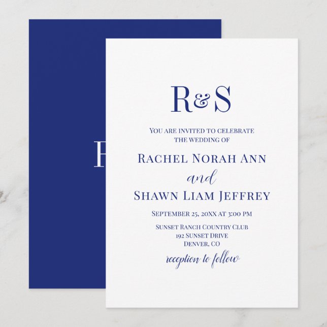 Elegant Navy Blue Modern Monogram Wedding Inbjudningar (Fram/baksida)