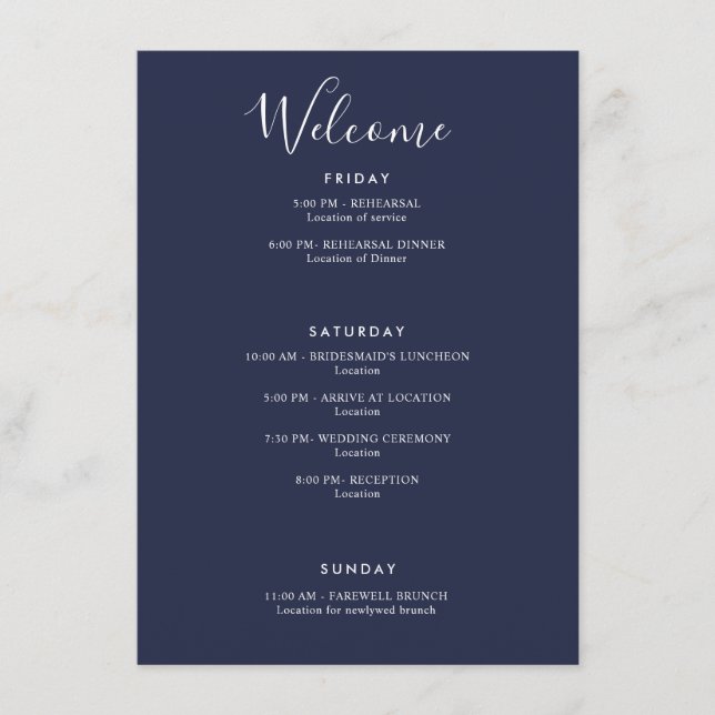 Elegant Navy Blue Modern Welcome Intererary Tilläggskort (Framsida)