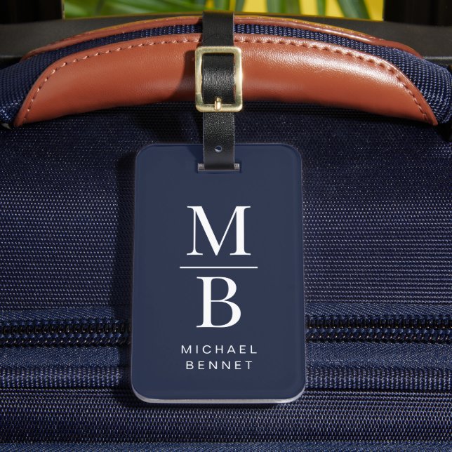 Elegant Navy Blue Monogram Bagagebricka (Framsida Insitu 2)