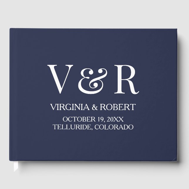 Elegant Navy Blue Monogram | Minimalist Wedding Gästböcker (Framsida)