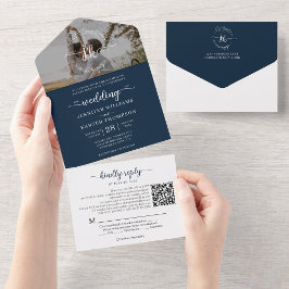 Elegant Navy Blue Monogram QR-kodfoto Bröllop