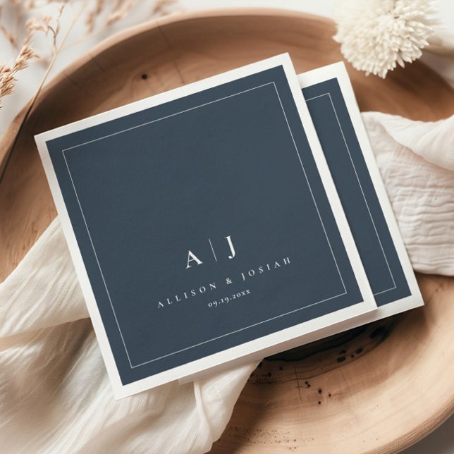 Elegant Navy Blue Monogram Wedding Napkins Pappersservett (Classic navy blue wedding monogram napkins.)