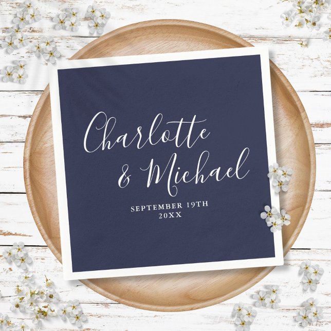 Elegant Navy Blue Namnteckning Bröllop Napkins Pappersservett (Elegant Navy Blue Signature Wedding Napkins)