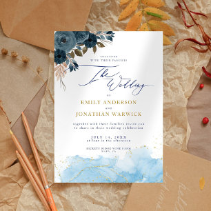 Elegant Navy Blue och Guld Blommigt Bröllop Inbjudningar