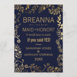 Elegant Navy Blue och Guld Blommigt Maid of honor Inbjudningar