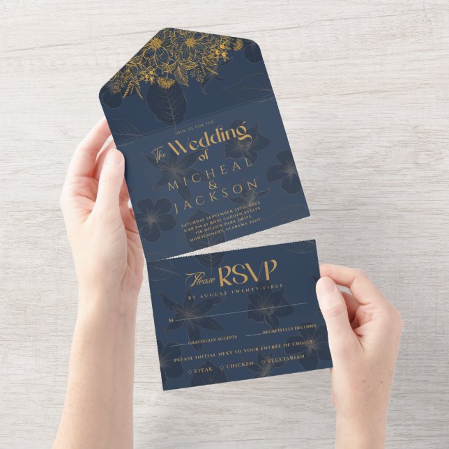Elegant Navy Blue och Guld Blommigt Photo Bröllop (Avrivbar del)