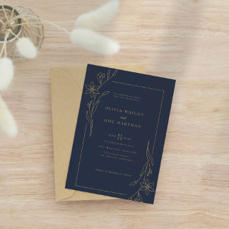 Elegant Navy Blue och Guld Blommigt Ram Bröllop Inbjudningar