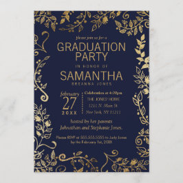 Elegant Navy Blue och Guld Blommigt Studenten Inbjudningar