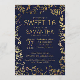 Elegant Navy Blue och Guld Blommigt Sweet 16 Inbju Inbjudningar