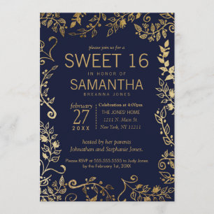Elegant Navy Blue och Guld Blommigt Sweet 16 Inbju Inbjudningar