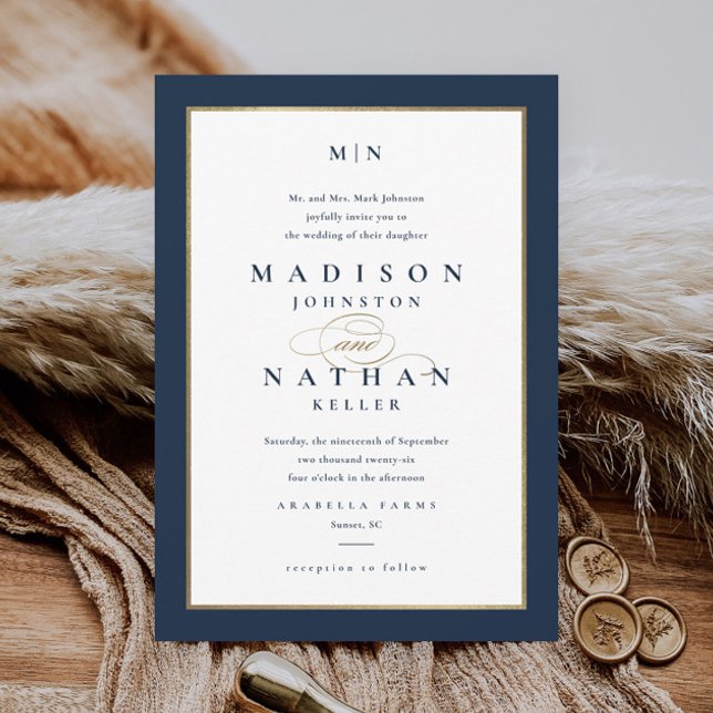 Elegant Navy Blue och Guld Bröllop Inbjudningar (Elegant Typography Navy Blue and Gold Wedding Monogram Invitation.)