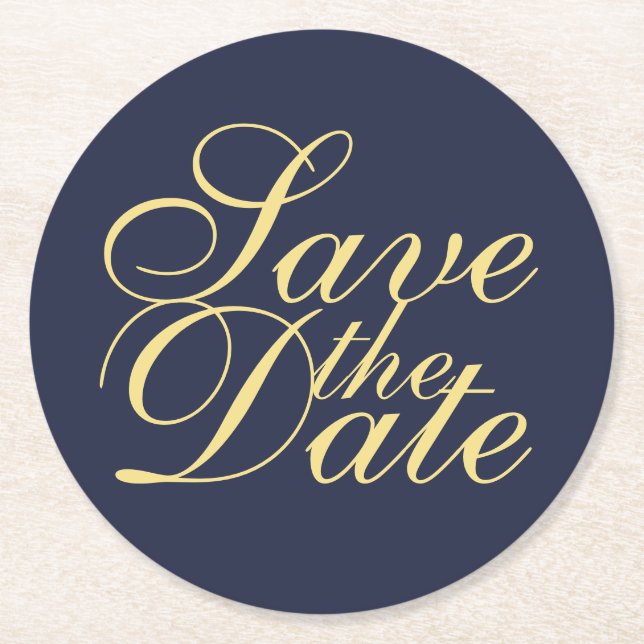 Elegant Navy Blue och Guld Bröllop spara datum Underlägg Papper Rund (Framsidan)