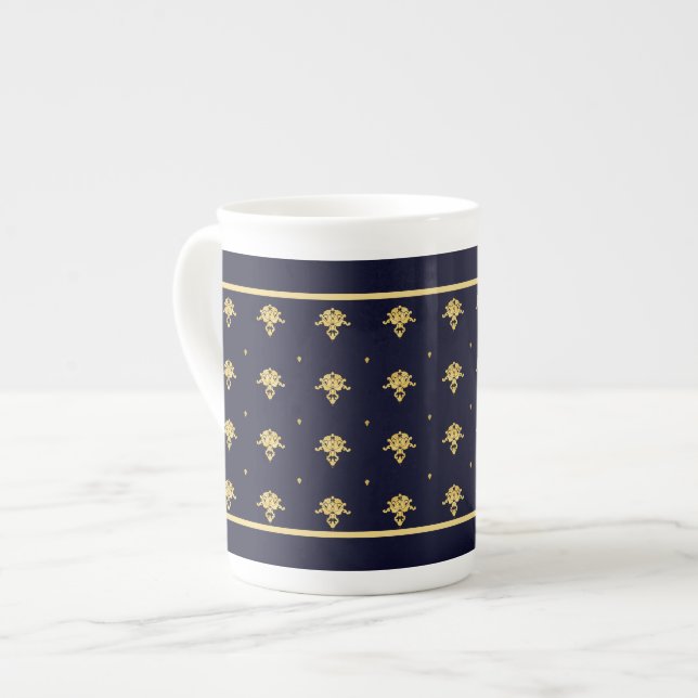 Elegant Navy Blue och Guld Damask Benporslin Mugg (Framsida vänster)