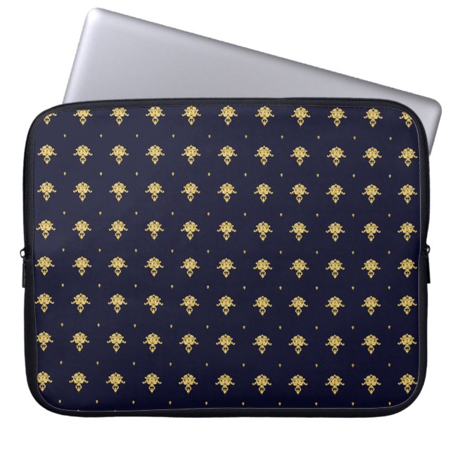 Elegant Navy Blue och Guld Damask Laptop Fodral (Framsidan)