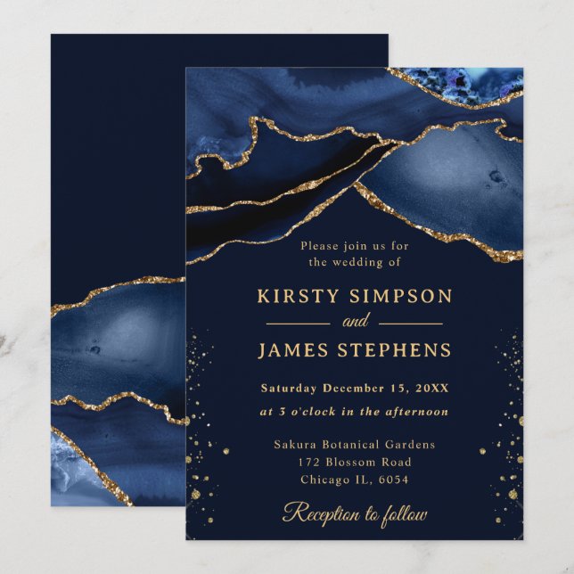 Elegant Navy Blue och Guld Glitter Agate Bröllop Inbjudningar (Fram/baksida)