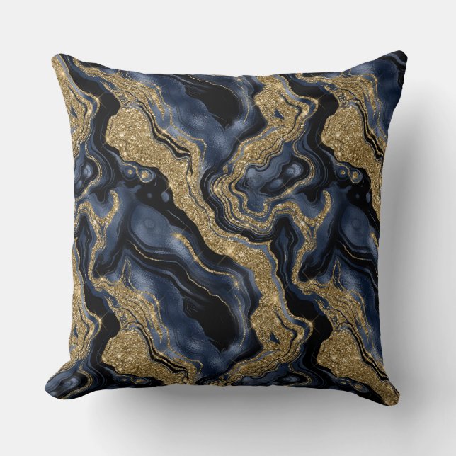Elegant Navy Blue och Guld Glitter Agate Mönster Kudde (Framsida)