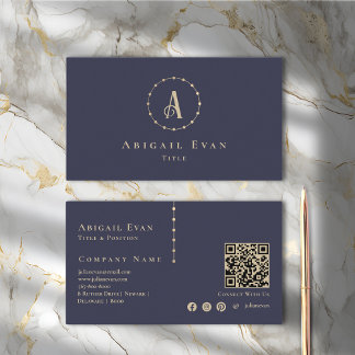 Elegant Navy Blue och Guld Glitter Monogram Visitkort