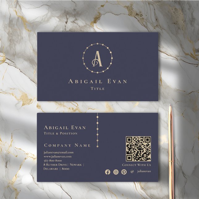 Elegant Navy Blue och Guld Glitter Monogram Visitkort (Skapare uppladdad)