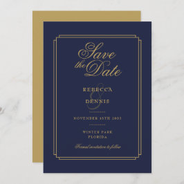 Elegant Navy Blue och Guld Script Art Deco Bröllop Spara Datumet