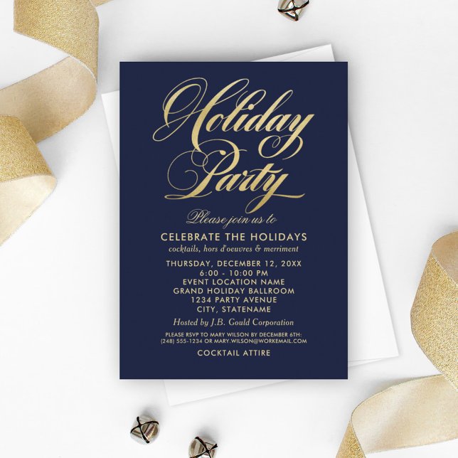 Elegant Navy Blue och Guld Script Julfest Inbjudningar (Skapare uppladdad)