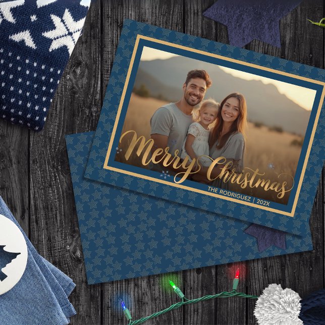 Elegant Navy Blue och Guld Stars julfoto Julkort (Elegant Navy Blue and Gold Stars Christmas Photo Holiday Card)