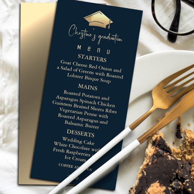 Elegant Navy Blue och Guld Studenten Meny (Elegant Navy Blue and Gold Graduation Menu #graduationmenu #dinner #graduate)