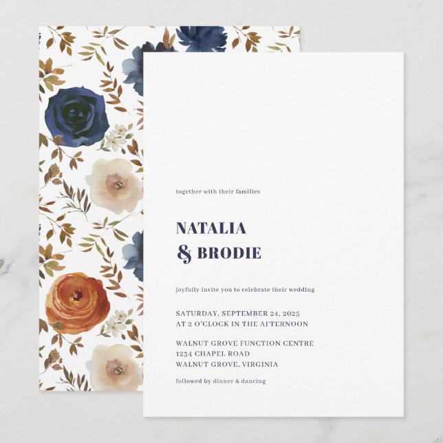 Elegant NAVY BLUE och inbjudan till Blommigt bröll (Fram/baksida)