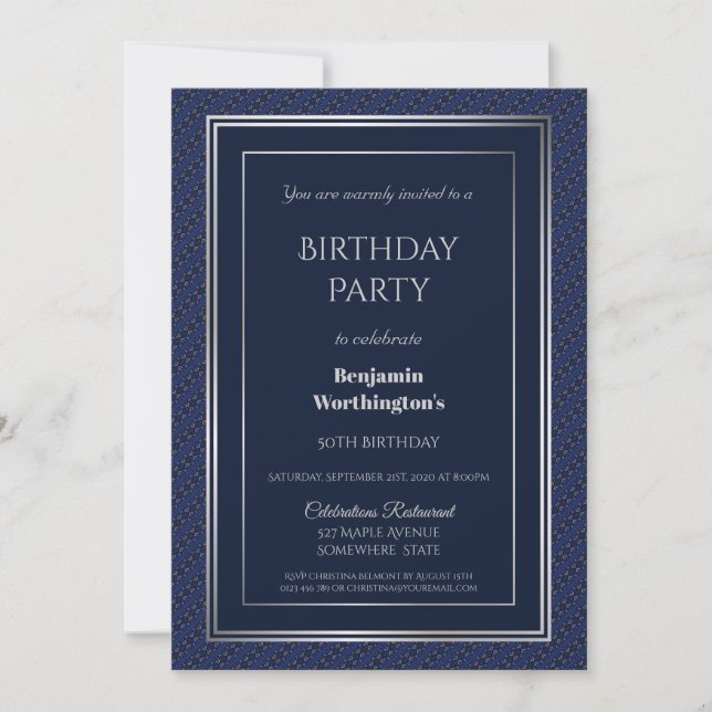 Elegant Navy Blue och Silver 50:e Födelsedagsfeste Inbjudningar (Framsida)