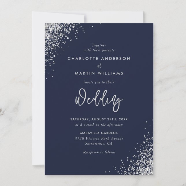 Elegant Navy Blue och Silver Glitter Bröllop Inbjudningar (Framsida)