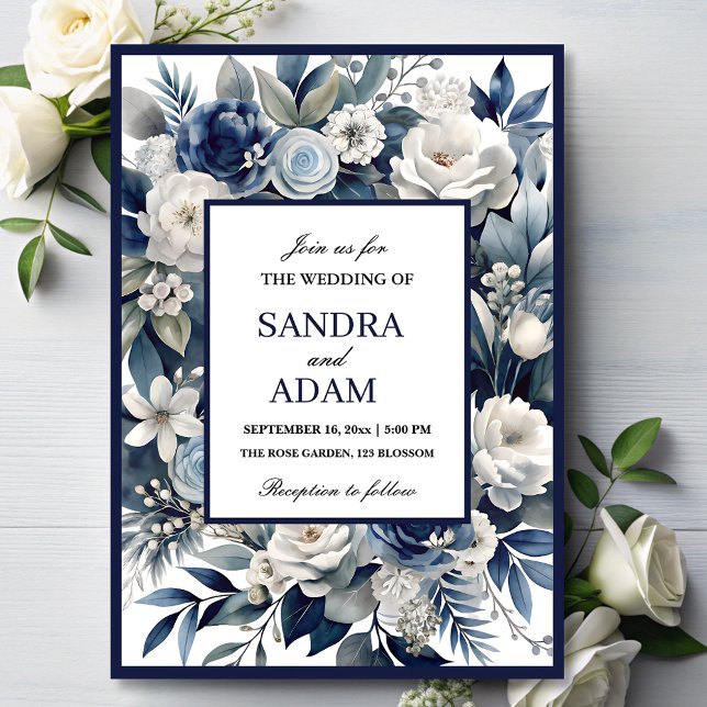Elegant Navy Blue och Silver Ivory Blommigt Bröllo Inbjudningar (Skapare uppladdad)