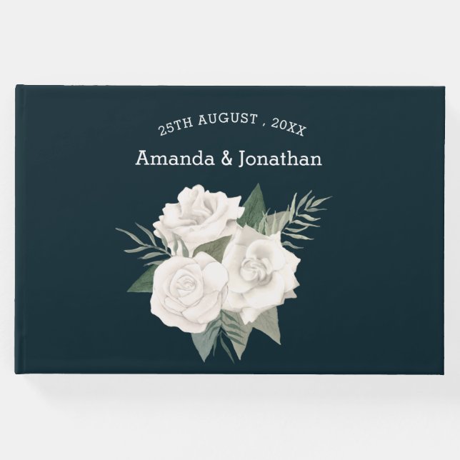 Elegant Navy Blue och Vit ros Bröllop Gästböcker (Framsida)