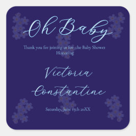 Elegant Navy Blue Oh Baby Script Floral  Fyrkantigt Klistermärke