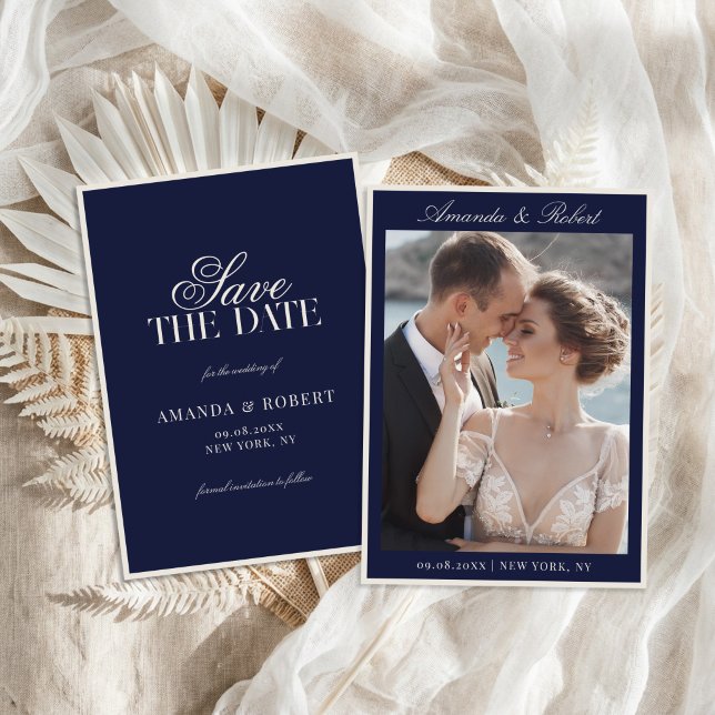 Elegant Navy Blue Old Money Photo Wedding Spara Datumet (Skapare uppladdad)